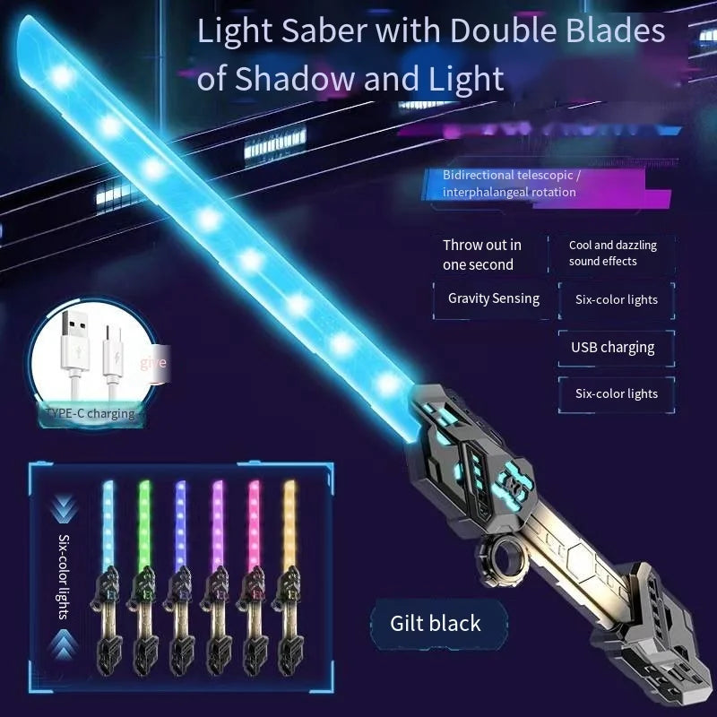 A light saber toy with double blades featuring shadow and light effects, shown in gilt black.