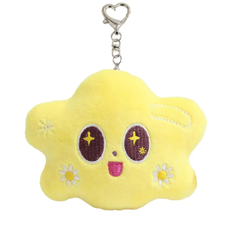 Yellow star-shaped plush pendant doll with a silver chain.
