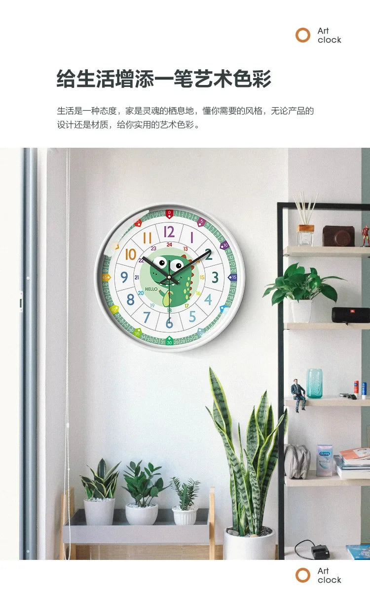A round analog clock with a green face and colorful markings is displayed on a white wall next to potted plants.