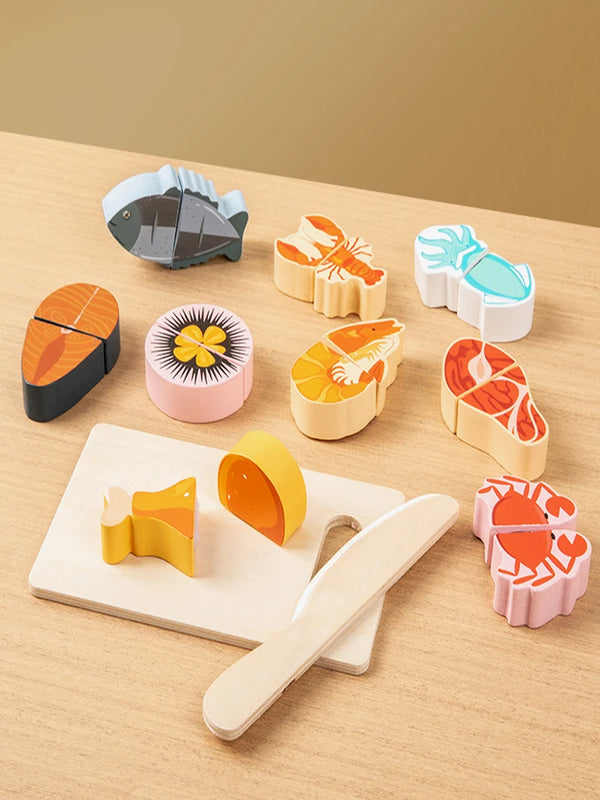 Wooden Pretend Play Kitchen Set with Cutting Fruits and Vegetables