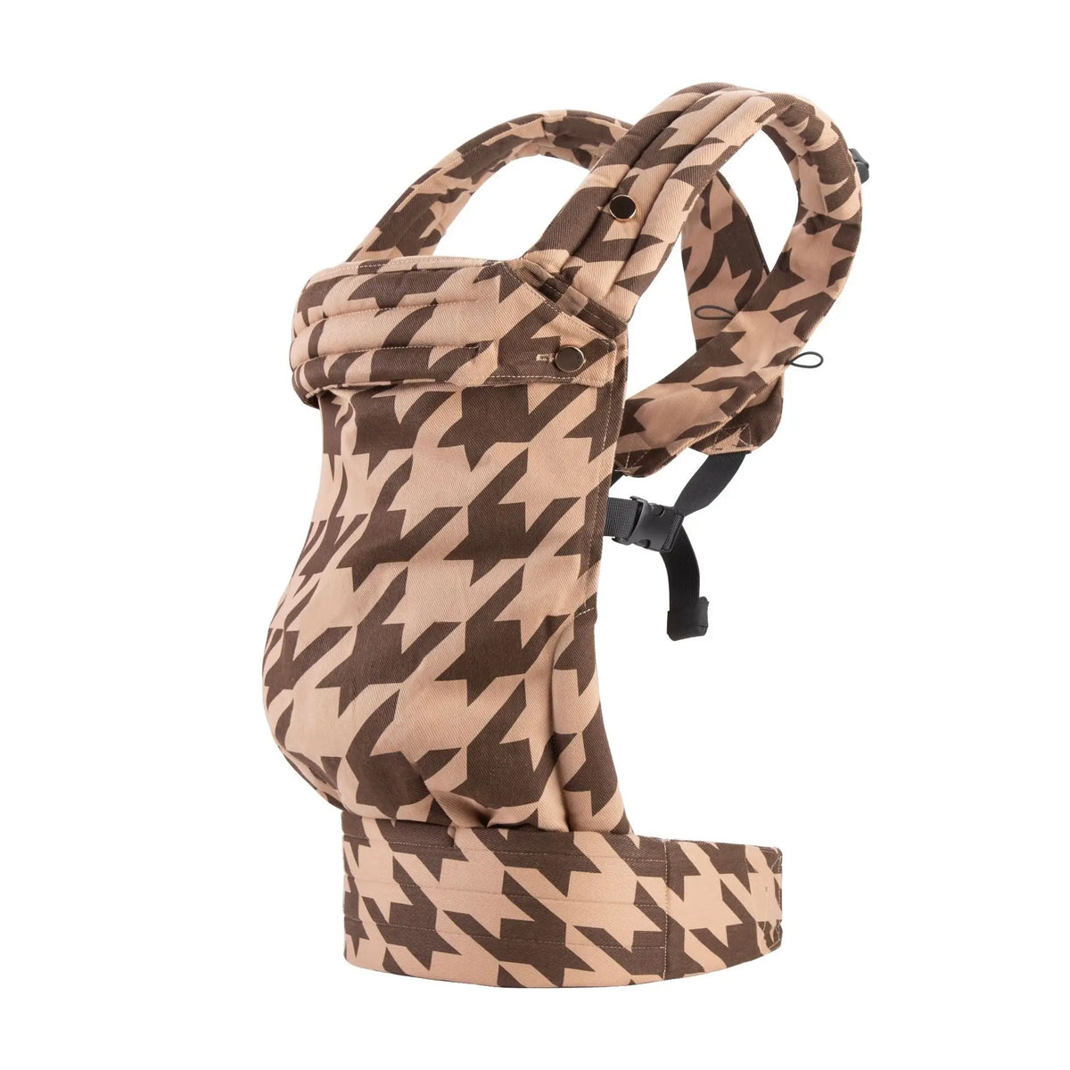 A brown patterned adjustable cotton baby carrier wrap for newborns and toddlers.