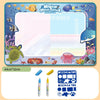 A large reusable magic water drawing mat for kids featuring various pens and doodle shapes.