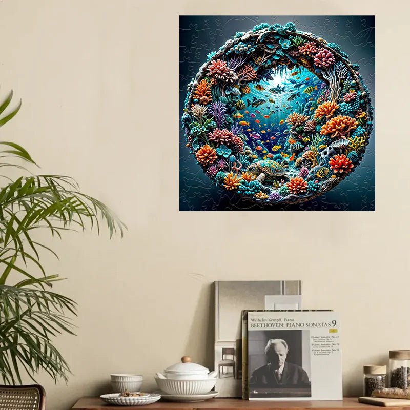 A vibrant circular jigsaw puzzle depicting an underwater scene with colorful marine life and coral.