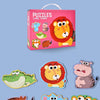 A colorful puzzle set featuring various animals and characters like dinosaurs, lions, and sea creatures.