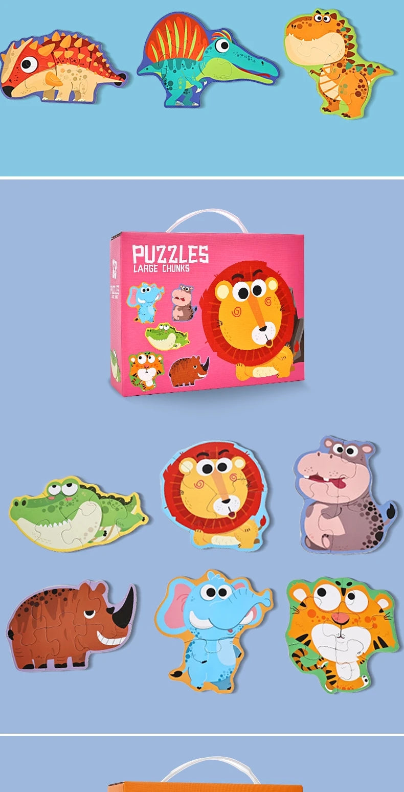 A colorful puzzle set featuring various animals and characters like dinosaurs, lions, and sea creatures.