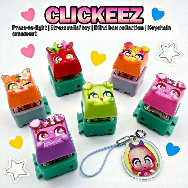 A collection of colorful press-to-light stress relief toys and keychains featuring cute animal designs.