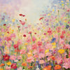 A vibrant diamond painting image of a field filled with pink, yellow, and red flowers under a soft sky.