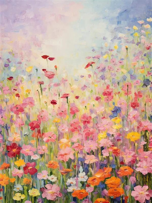 A vibrant diamond painting image of a field filled with pink, yellow, and red flowers under a soft sky.