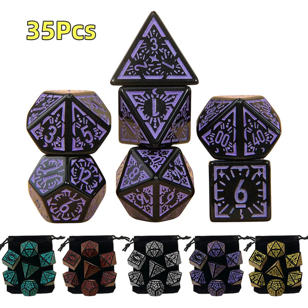 A set of 35 polyhedral dice in various colors and shapes for tabletop role-playing games