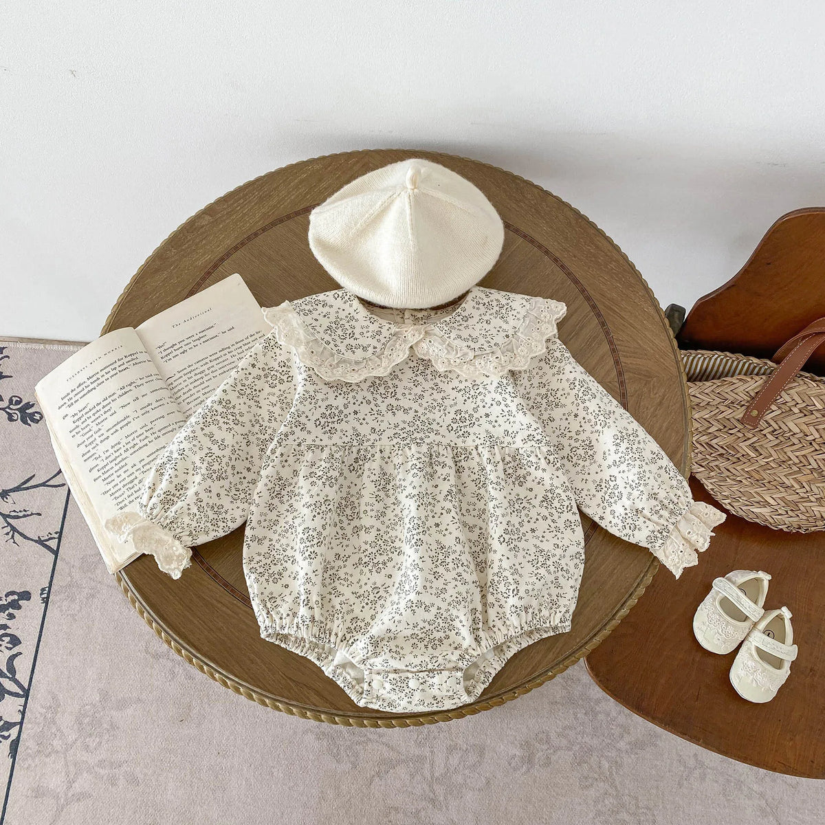 Baby Girls Lace-Trim Cotton Romper with Floral Details