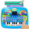 Tablette éducative interactive bleue avec boutons colorés et clavier pour apprendre.