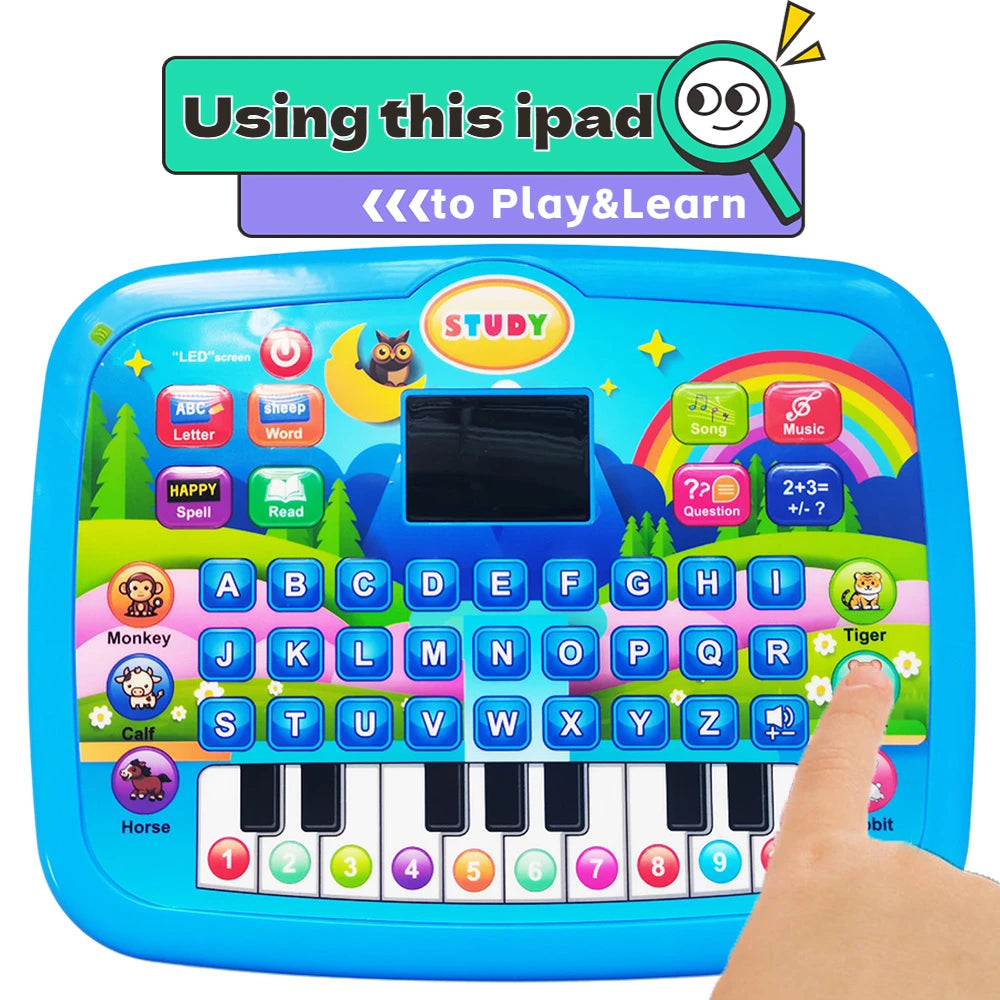Tablette éducative interactive bleue avec boutons colorés et clavier pour apprendre.