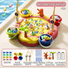 A pink magnetic fishing game set featuring a yellow bucket, four rods, and various fish for kids.