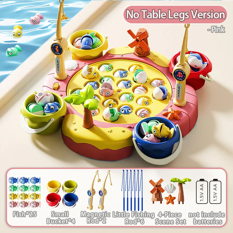 A pink magnetic fishing game set featuring a yellow bucket, four rods, and various fish for kids.