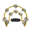 A gold-colored double-layer tambourine with metal bells, featuring a black center piece.