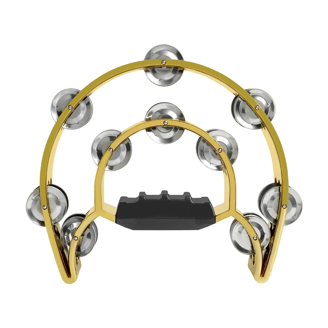 A gold-colored double-layer tambourine with metal bells, featuring a black center piece.