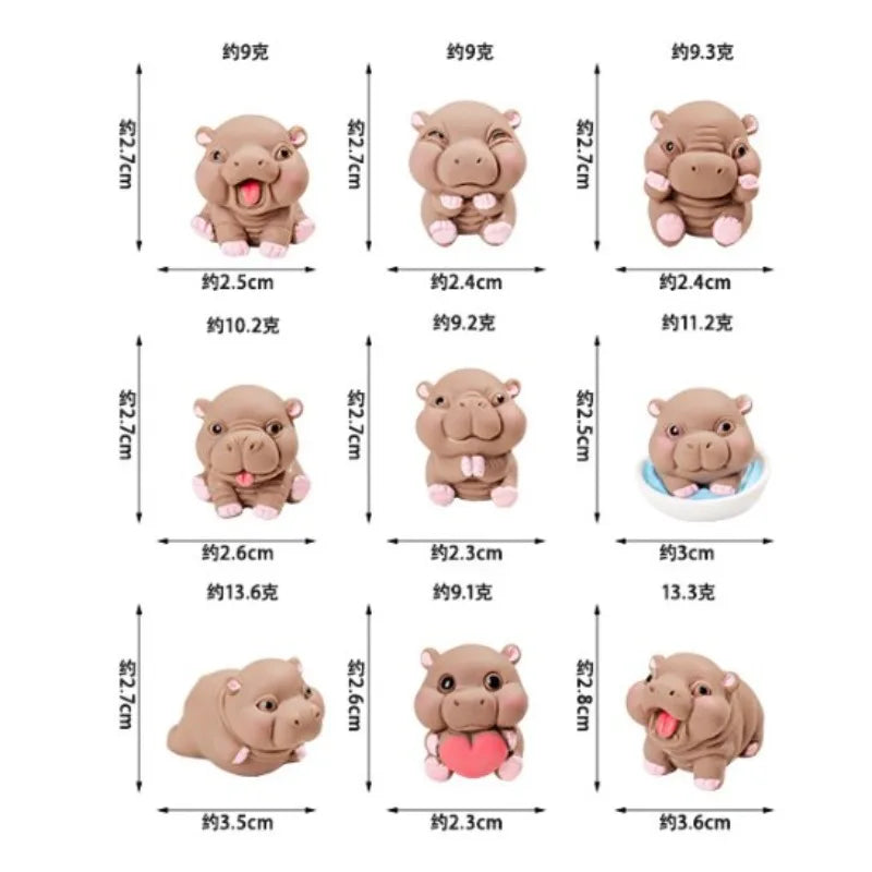 A set of cute mini hippo resin figurines in various sizes and colors for desk or dashboard decor.