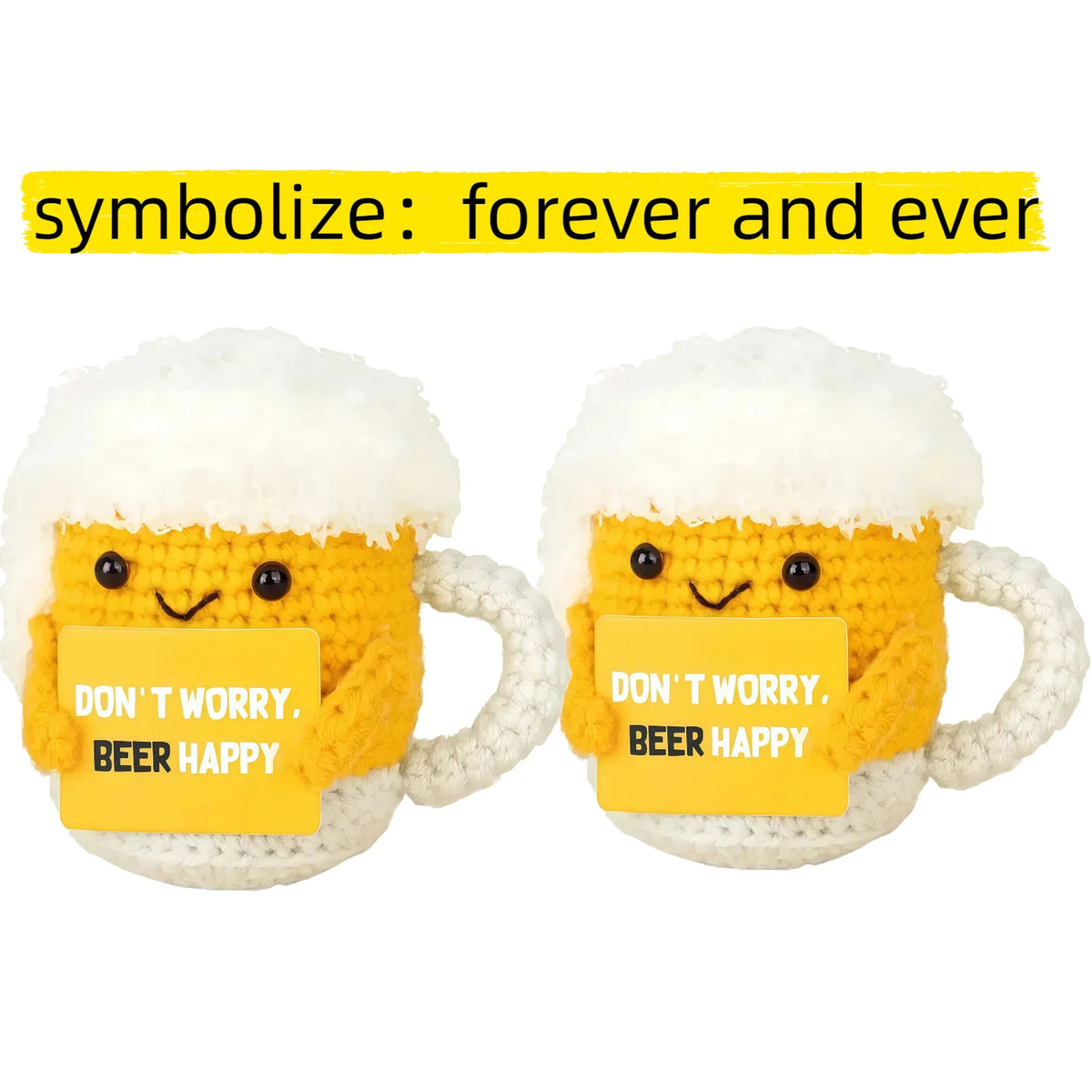 Two handmade yellow crochet beer mugs with white fluffy tops and yellow cards that say Don't worry beer happy