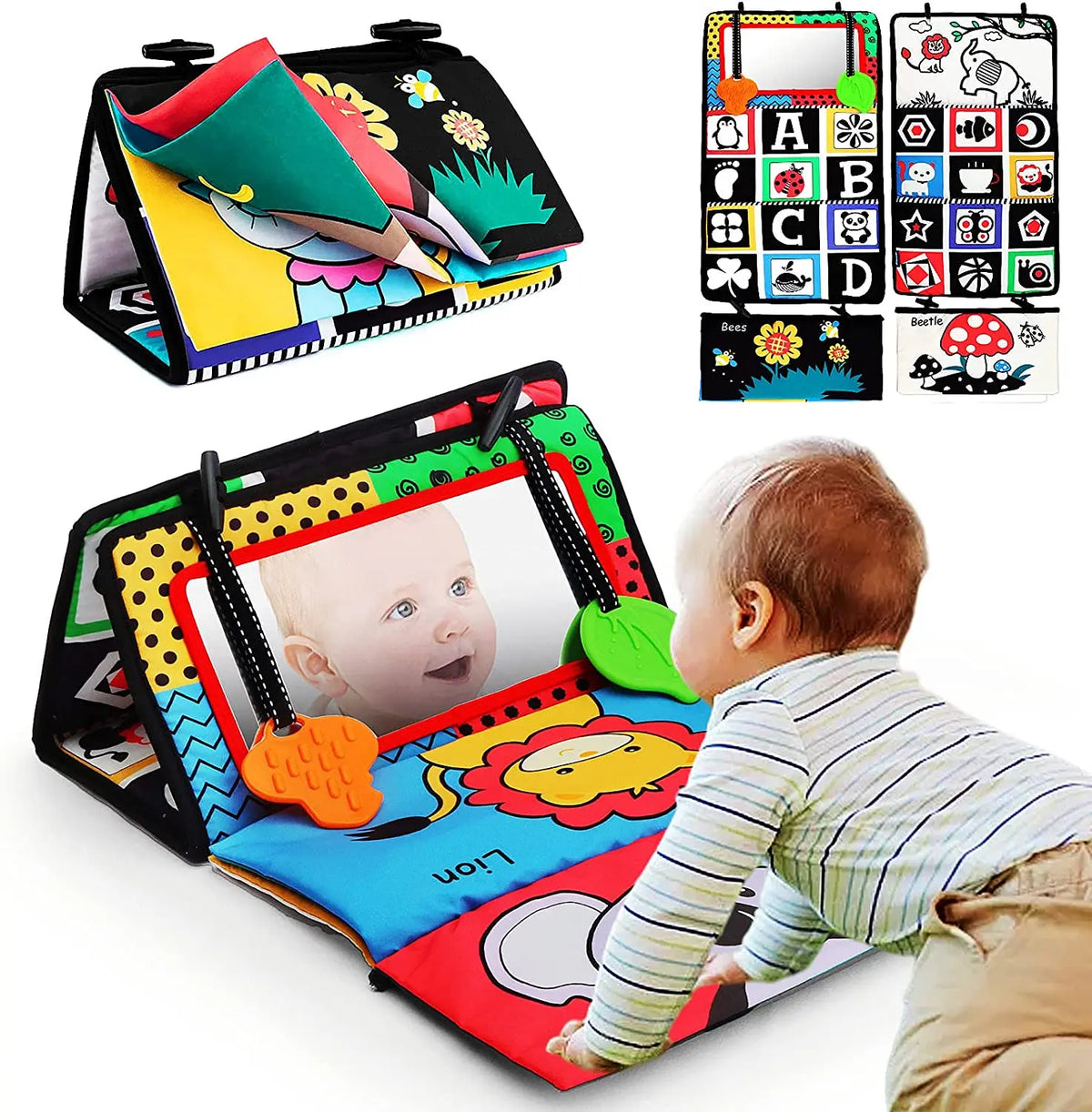 High-Contrast Tummy Time Baby Mirror with Crinkle Cloth Book and Teether