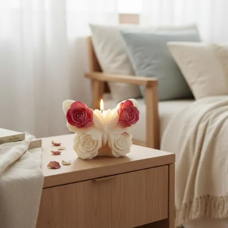 A white rose butterfly silicone mold sits on a wooden surface next to a lit candle in a bright, soft-lit room.