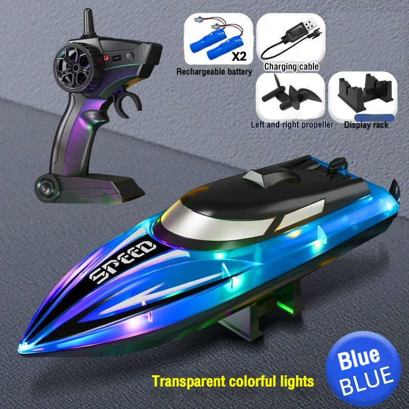 A sleek blue high-speed RC boat with transparent colorful lights and a remote control and display rack.