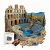 An artistic wooden jigsaw puzzle depicting ancient ruins and a cityscape.