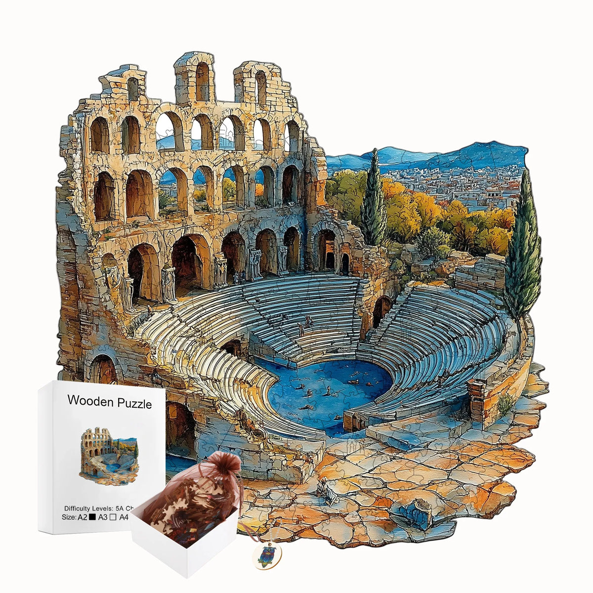 An artistic wooden jigsaw puzzle depicting ancient ruins and a cityscape.