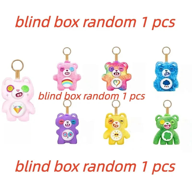 A collection of blind box random plush keychain charms featuring various cute animal characters and colors.