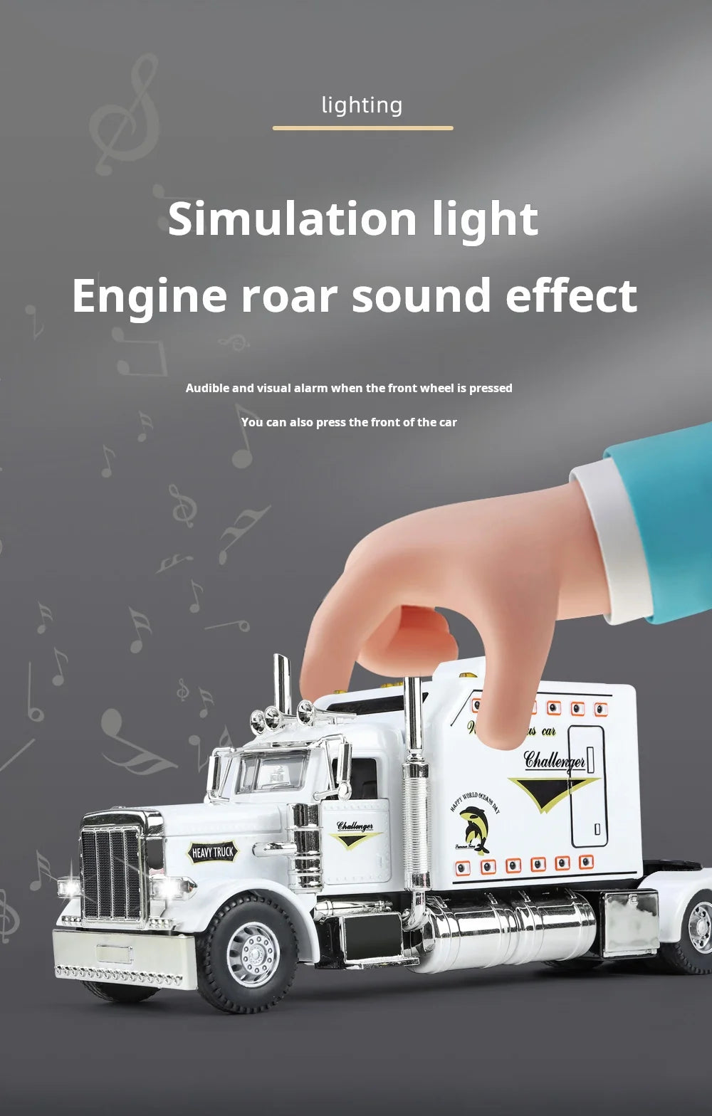 A white Peterbilt 389 diecast truck model is shown with a hand pressing the front wheel, simulating an engine roar sound effe