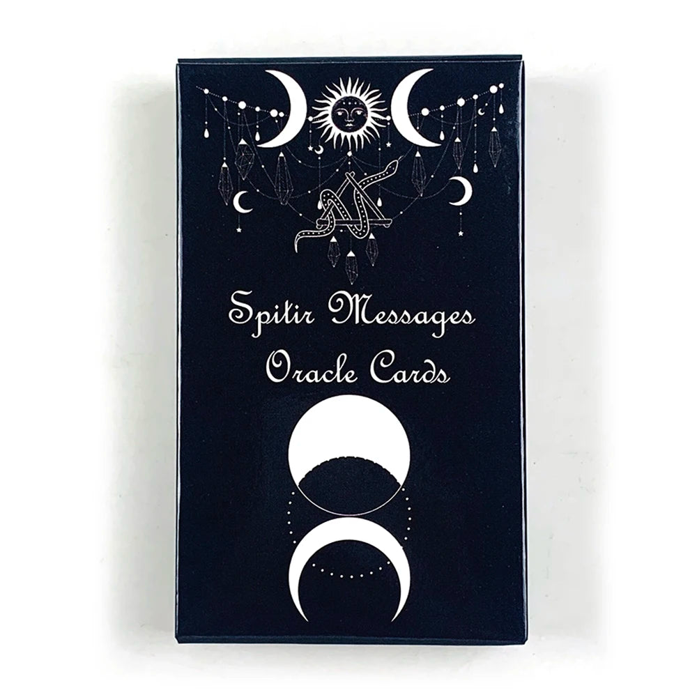 A dark box of Spirit Messages Oracle Cards featuring celestial symbols and a central sun design.