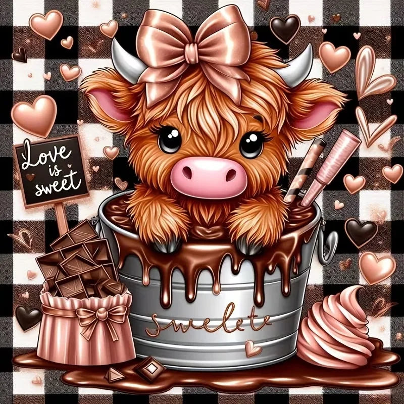 A cute, fluffy brown calf with pink nose and large eyes is featured in a silver pail covered in chocolate drizzle.