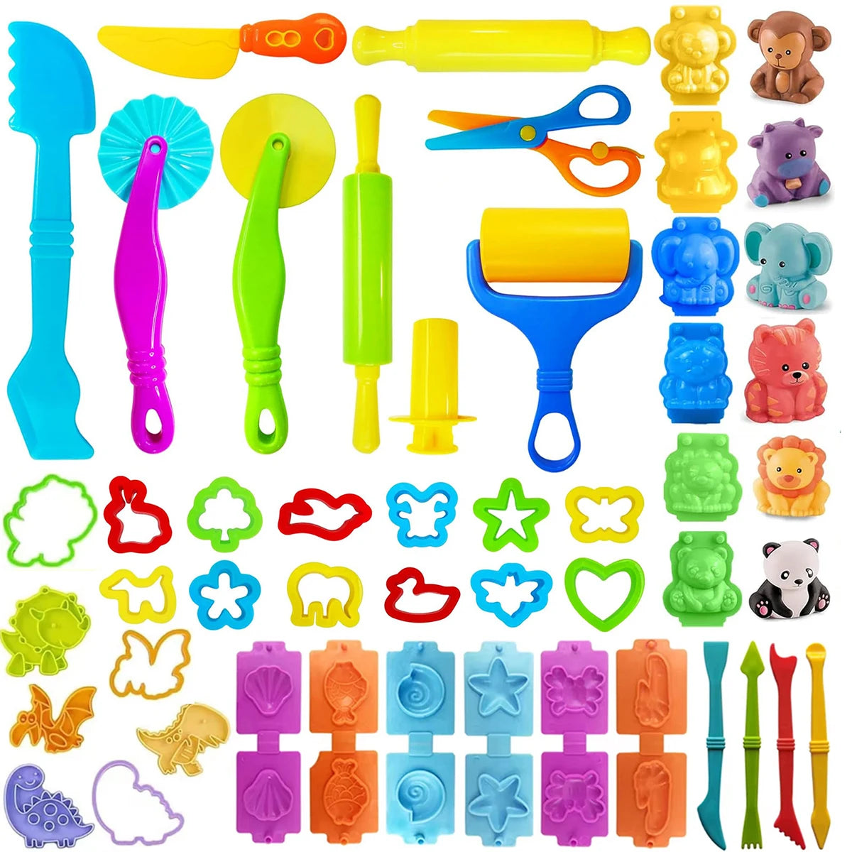 A collection of complete dough tools for kids including an animal cutter, rolling pin, and extruder in various colors.