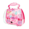 A pink plastic cosmetic case for pretend play makeup with a handle and various colored makeup items.