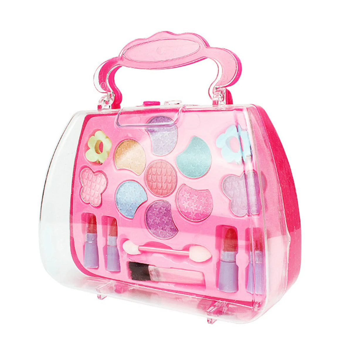 A pink plastic cosmetic case for pretend play makeup with a handle and various colored makeup items.
