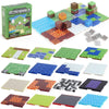 A collection of magnetic building blocks in various colors and shapes for kids.