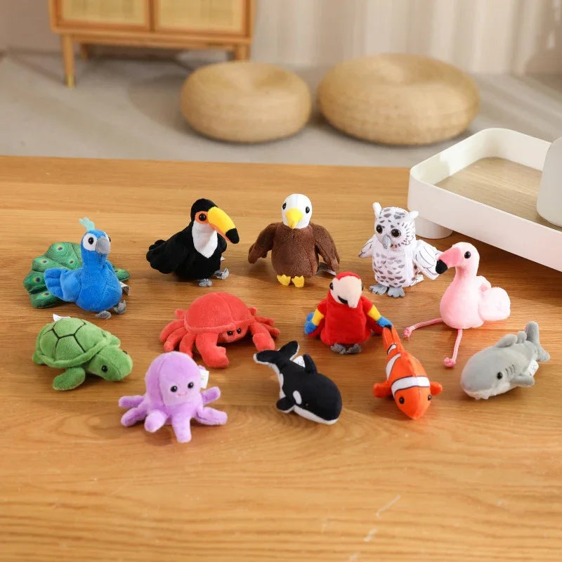 Adorable Mini Plush Finger Puppet Set – Parrot, Peacock, Shark & Octopus