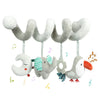 A set of soft gray elephant and bird sensory toys for infants.
