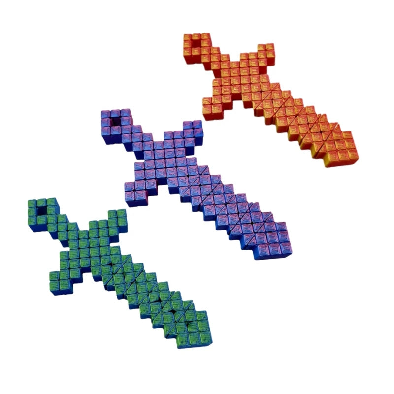 Pixel art extendable sword made of interlocking colored blocks, showing different shades of orange, blue, and green.