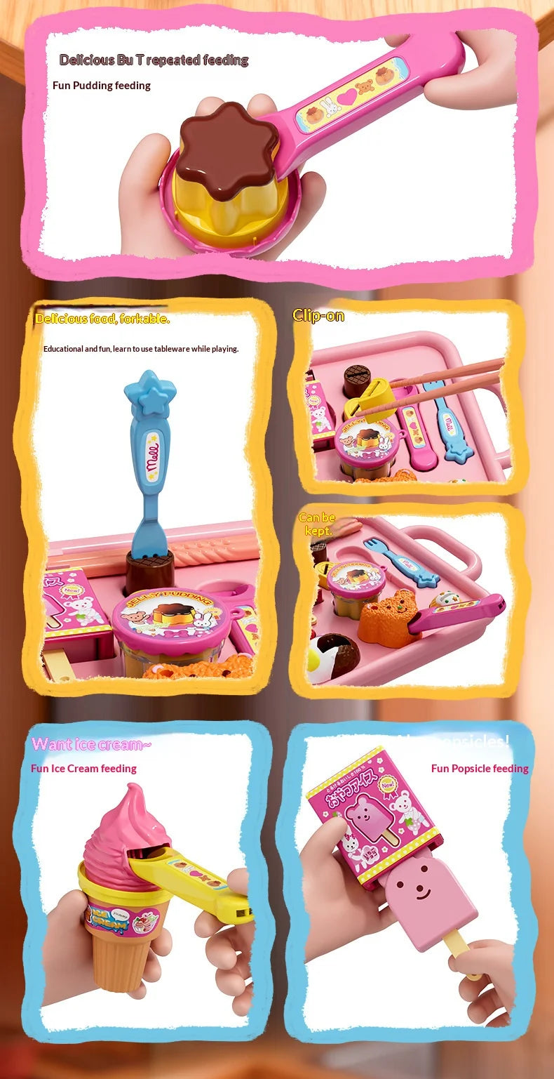 A set of pretend play food items including a spoon for pudding, a silicone tool, and ice cream and popsicle feeders.