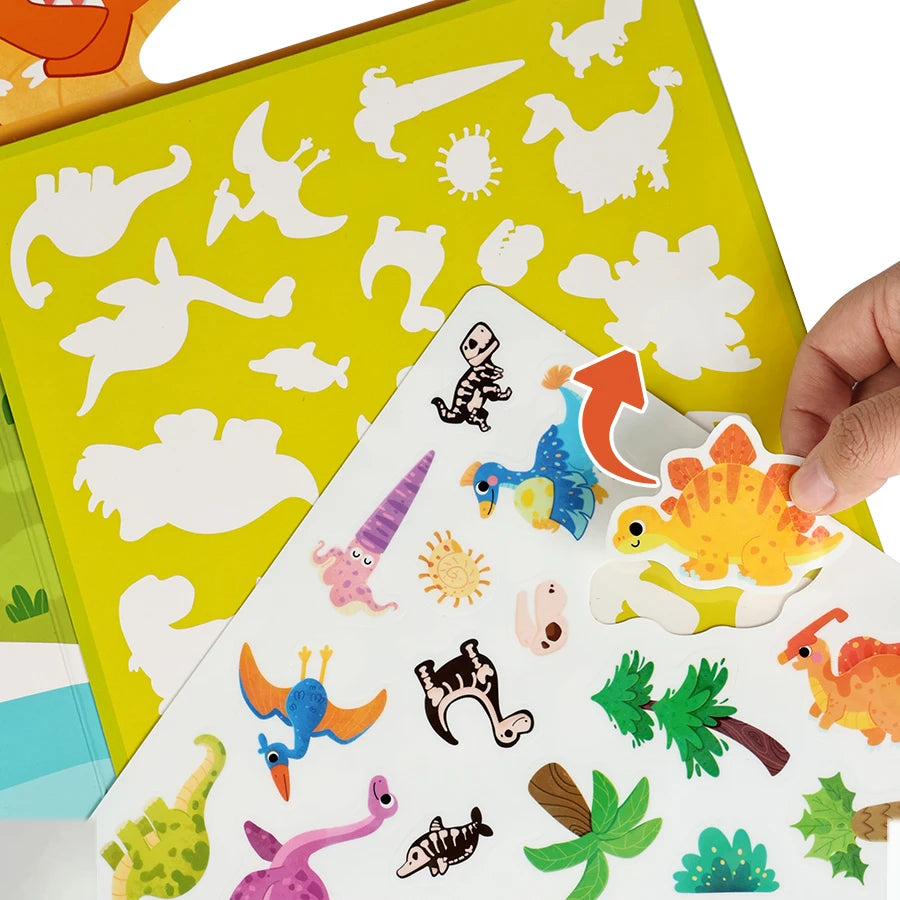 A hand holds an open page of a reusable children's sticker book featuring various white and orange animal silhouettes on a ye