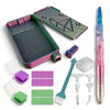 A complete diamond painting accessory kit featuring an iridescent tray, various tools, and colored tiles.