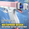 A pink and white electric water blaster gun with a large capacity waterproof battery compartment is shown against a blue, wat