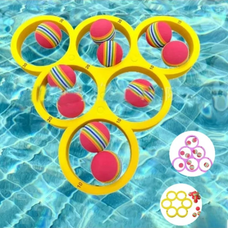 Yellow floating pool balls with colorful stripes are visible in clear blue water.