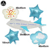 Set of five foil balloons including a swirl, a star, and a white airplane shape for birthday party decor