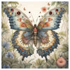 A detailed watercolor illustration of a butterfly in flight surrounded by lush green foliage and flowers.