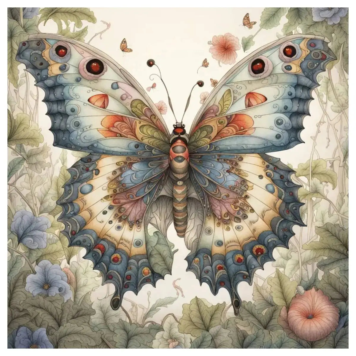 A detailed watercolor illustration of a butterfly in flight surrounded by lush green foliage and flowers.