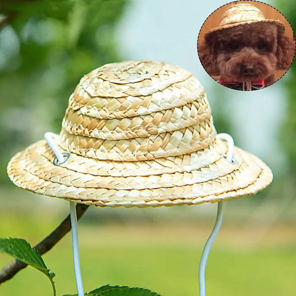 Adjustable Woven Straw Pet Hat for Small Dogs and Cats