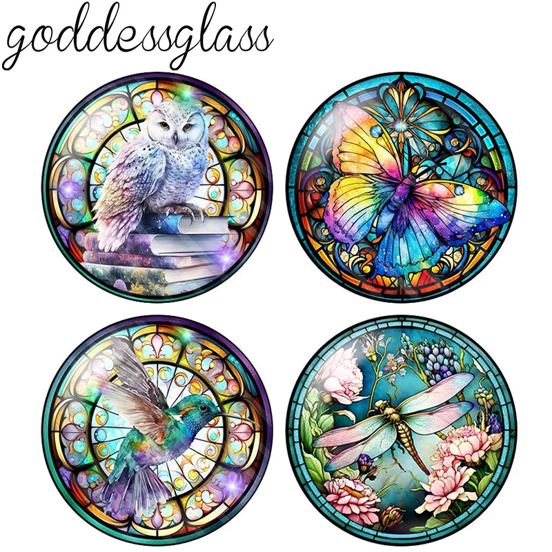 A set of ten round glass cabochons featuring nature scenes like owls, butterflies, and flowers for jewelry making.