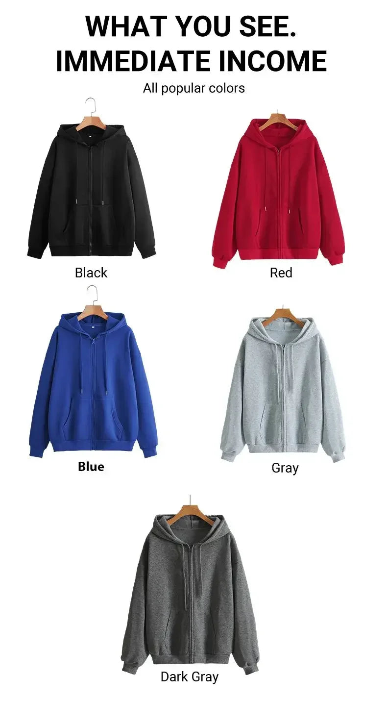 A collection of popular colored oversized zip-up hoodies in black, red, blue, gray, and dark gray.
