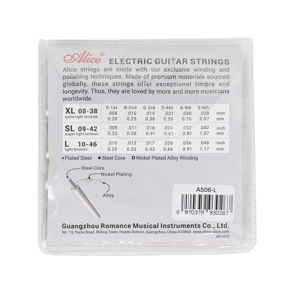 A package of Alice electric guitar strings with various gauges including XL 08-38, SL 09-42, and L 10-46.